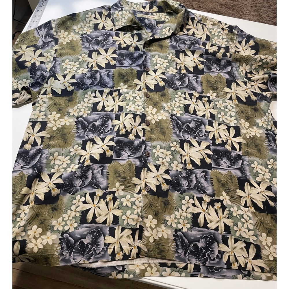 Tommy Bahama Mens XXL Silk Tropical Floral Palm Leaf Camp Shirt Green Black